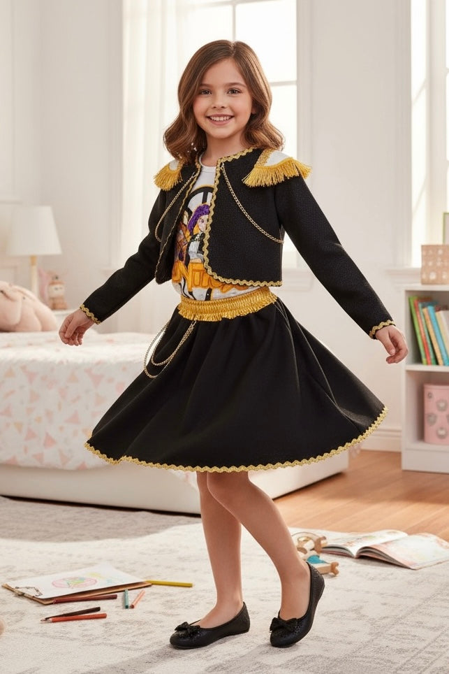 Conjunto Estilo Concierto Dorado – 3 Piezas ✨ Chamarra + Blusa + Falda